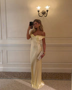 Women's Long Wedding Off-Shoulder Satin Dress Open Back Fluid Elegant Formal Gown – Alicia