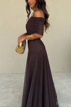 Women's Formal Wedding Guest Party Dress One-Shoulder Mesh Maxi Draped Bodice Romantic – Brittany