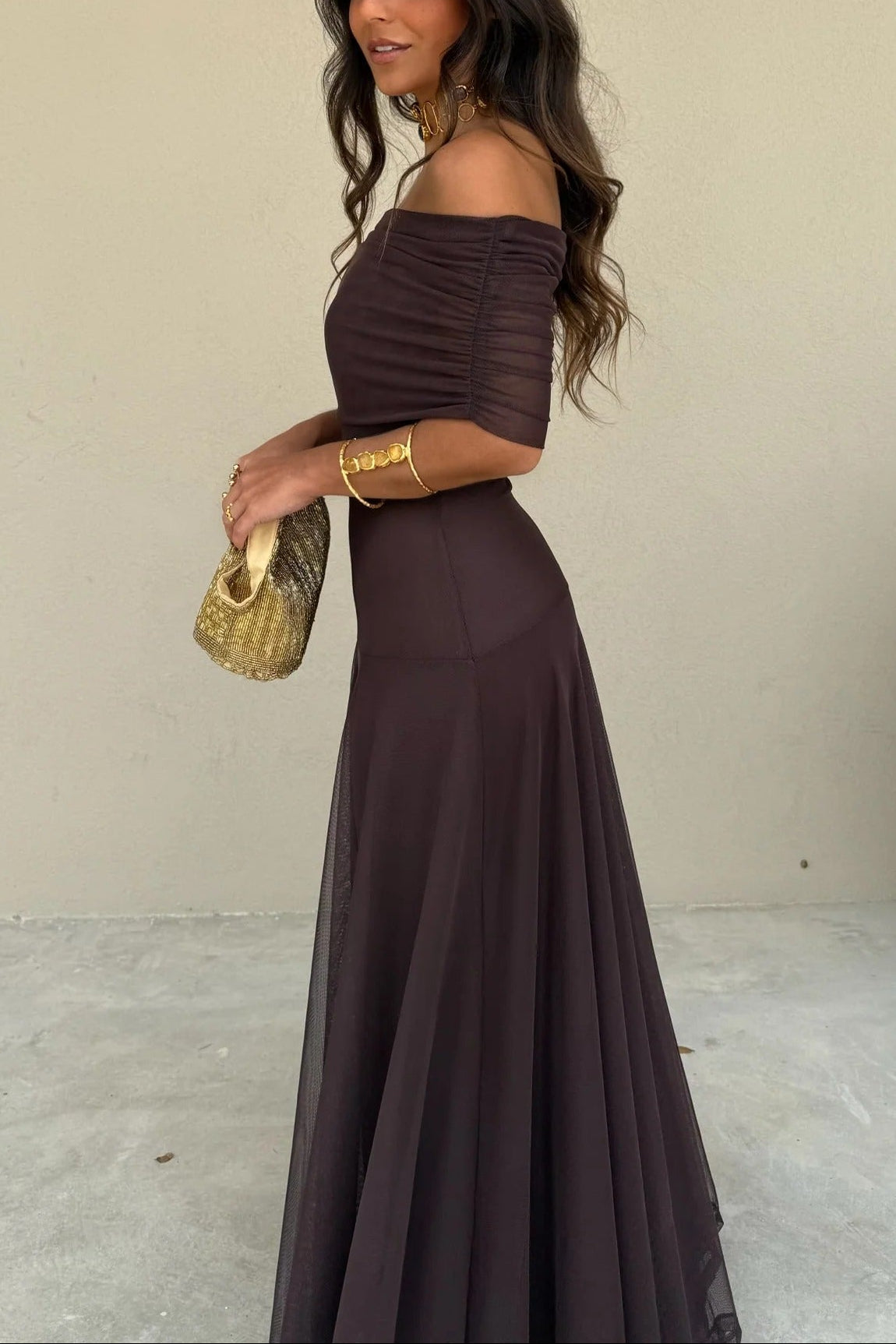 Women's Formal Wedding Guest Party Dress One-Shoulder Mesh Maxi Draped Bodice Romantic – Brittany