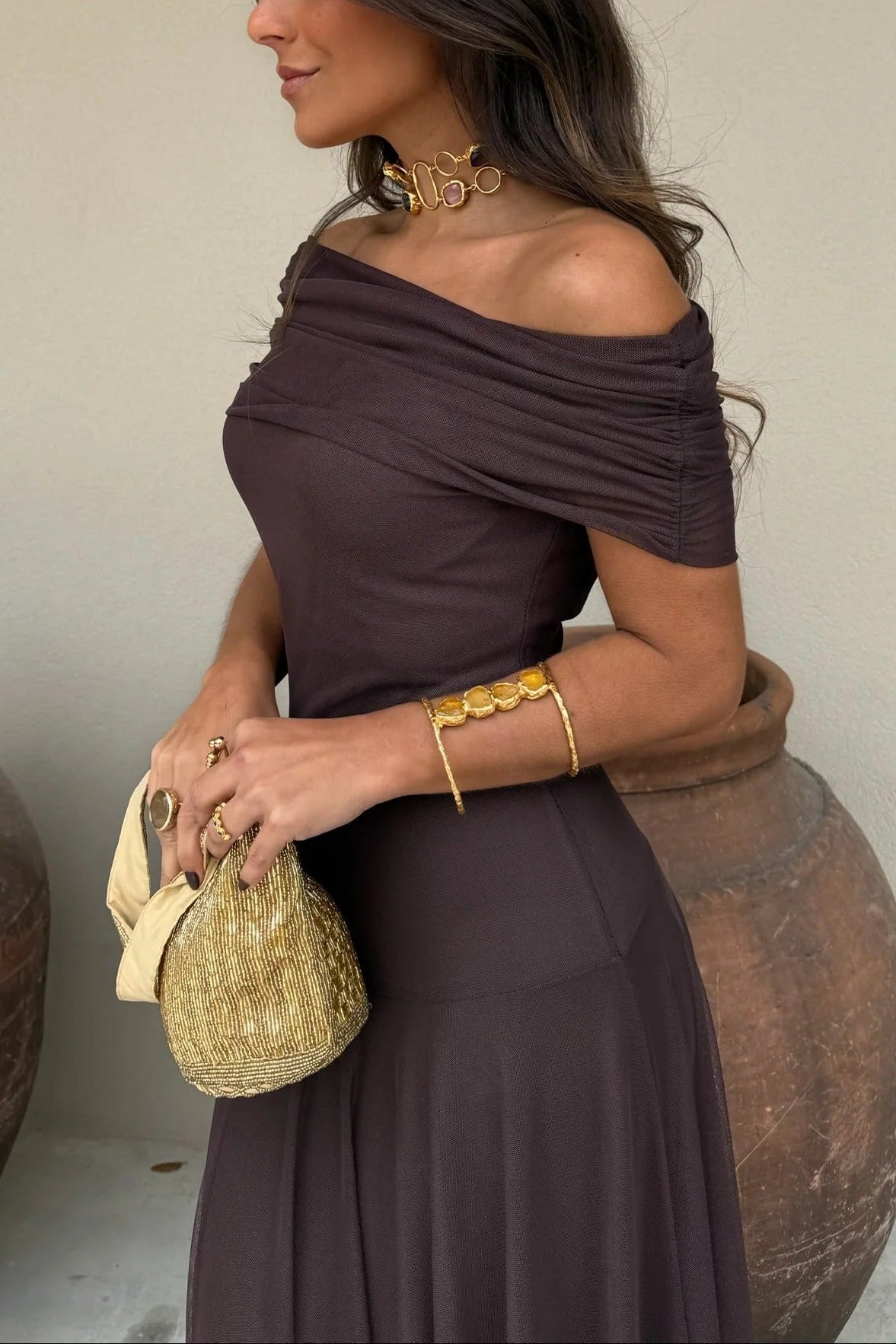 Women's Formal Wedding Guest Party Dress One-Shoulder Mesh Maxi Draped Bodice Romantic – Brittany