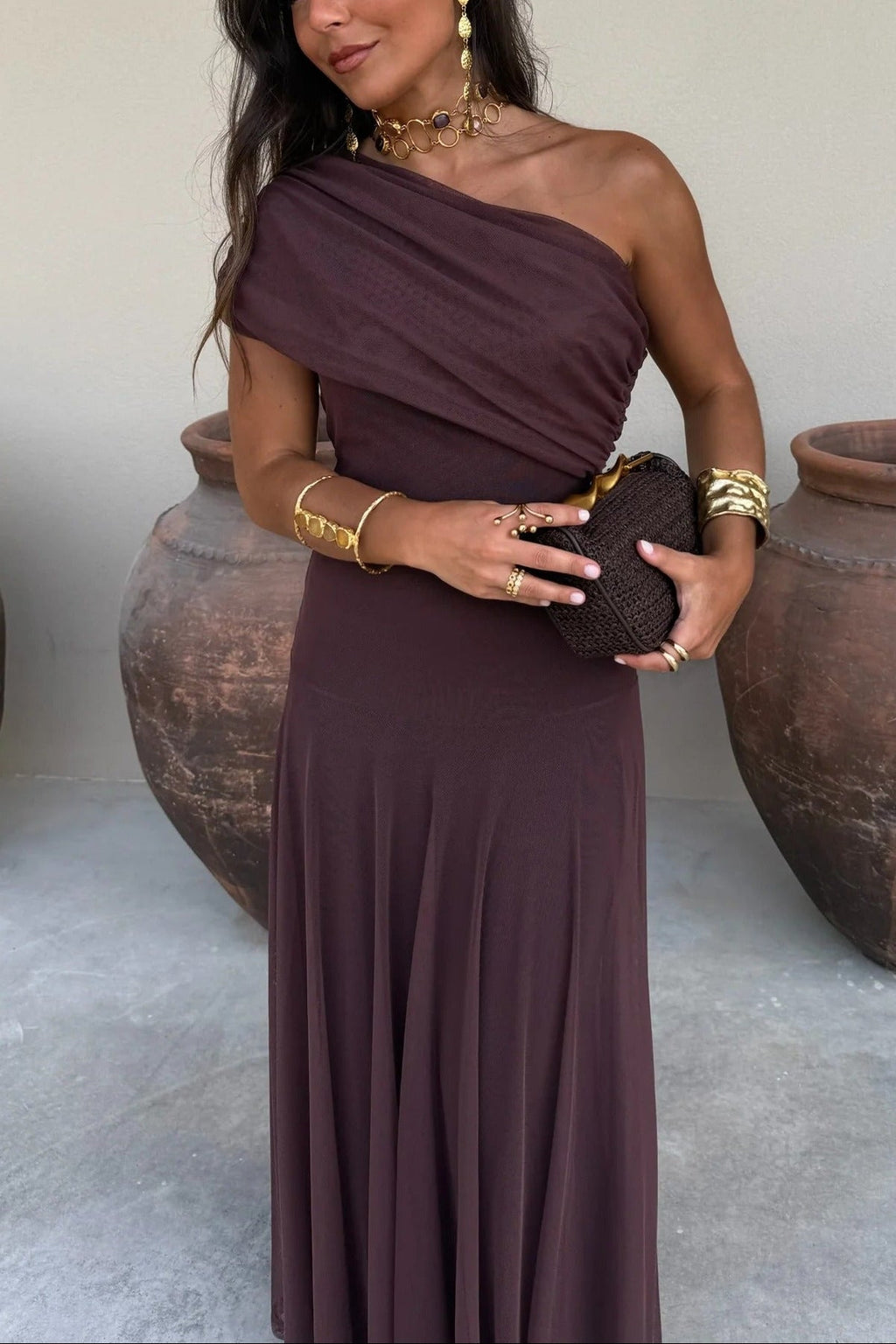Women's Formal Wedding Guest Party Dress One-Shoulder Mesh Maxi Draped Bodice Romantic – Brittany