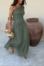 Women's Formal Wedding Guest Party Dress One-Shoulder Mesh Maxi Draped Bodice Romantic – Brittany