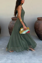 Women's Formal Wedding Guest Party Dress One-Shoulder Mesh Maxi Draped Bodice Romantic – Brittany