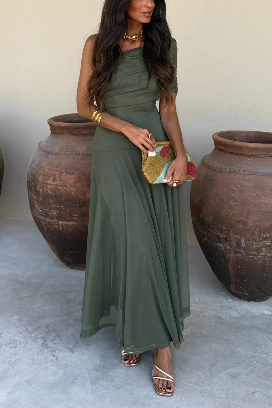 Women's Formal Wedding Guest Party Dress One-Shoulder Mesh Maxi Draped Bodice Romantic – Brittany