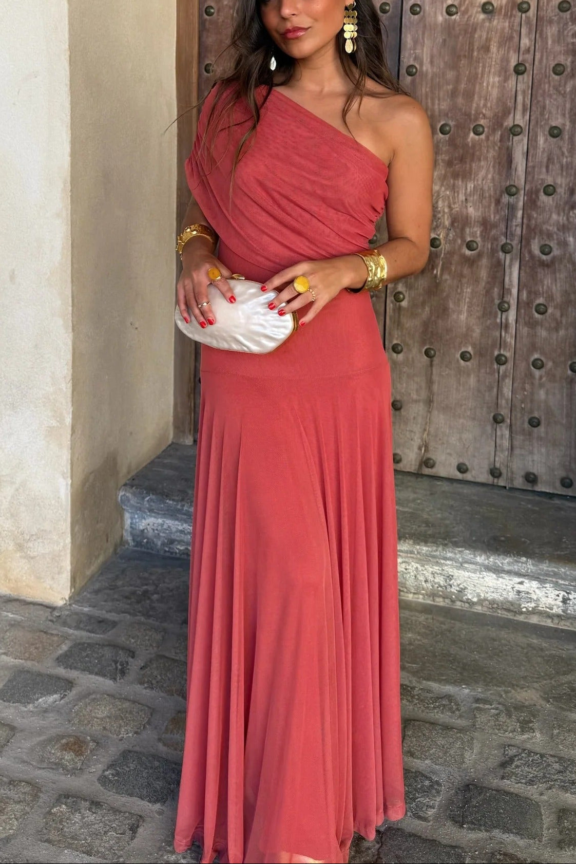 Women's Formal Wedding Guest Party Dress One-Shoulder Mesh Maxi Draped Bodice Romantic – Brittany