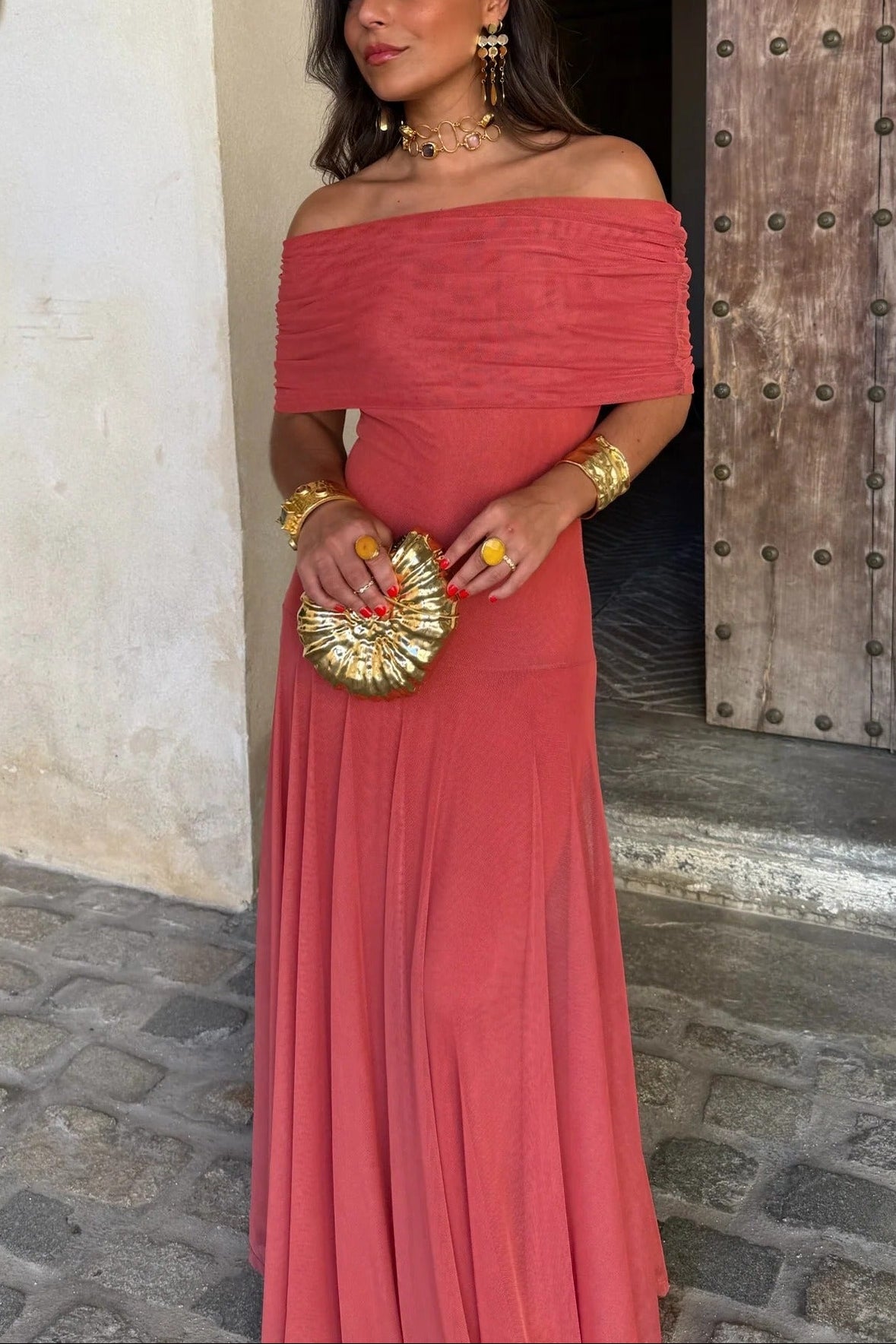 Women's Formal Wedding Guest Party Dress One-Shoulder Mesh Maxi Draped Bodice Romantic – Brittany