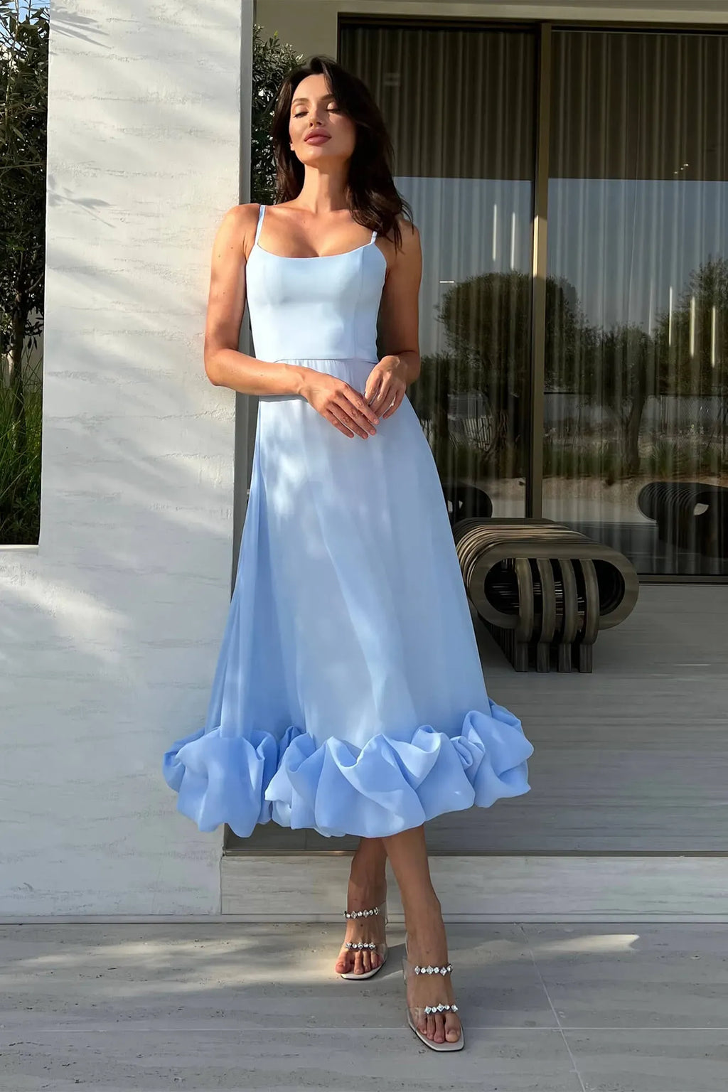 Women's Sleeveless Midi Wedding Guest Dress Fluid Silhouette Waist-Defining Lightweight Versatile – Heather