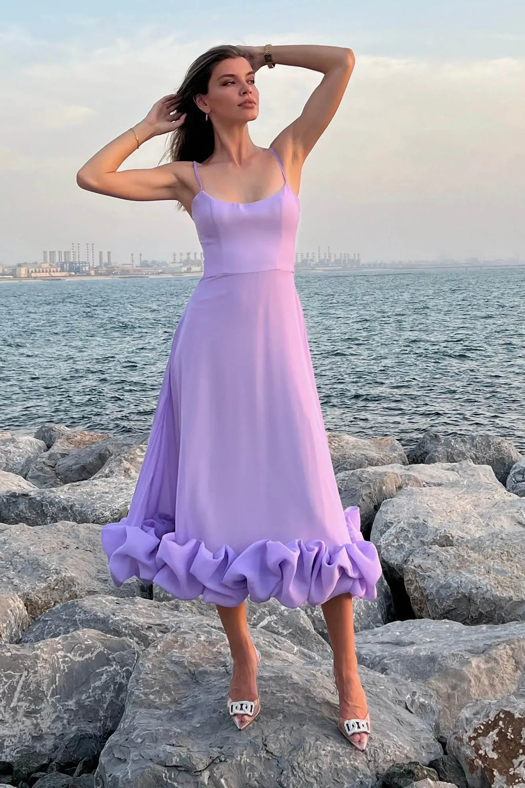 Women's Sleeveless Midi Wedding Guest Dress Fluid Silhouette Waist-Defining Lightweight Versatile – Heather