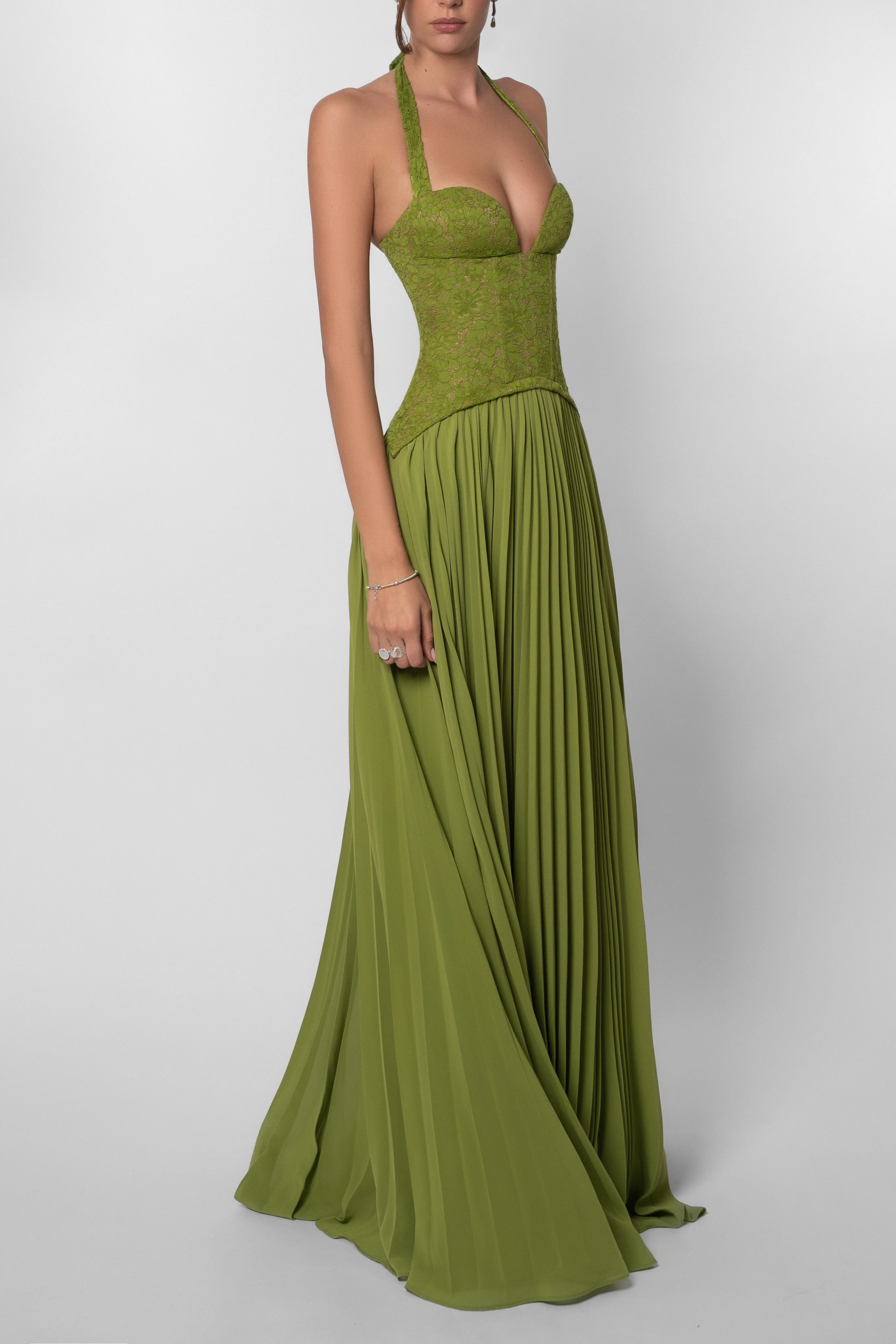 Women's Long Wedding Dress Pleated Lace Halter Bodice Fluid Skirt Formal Elegant Gown – Kenley
