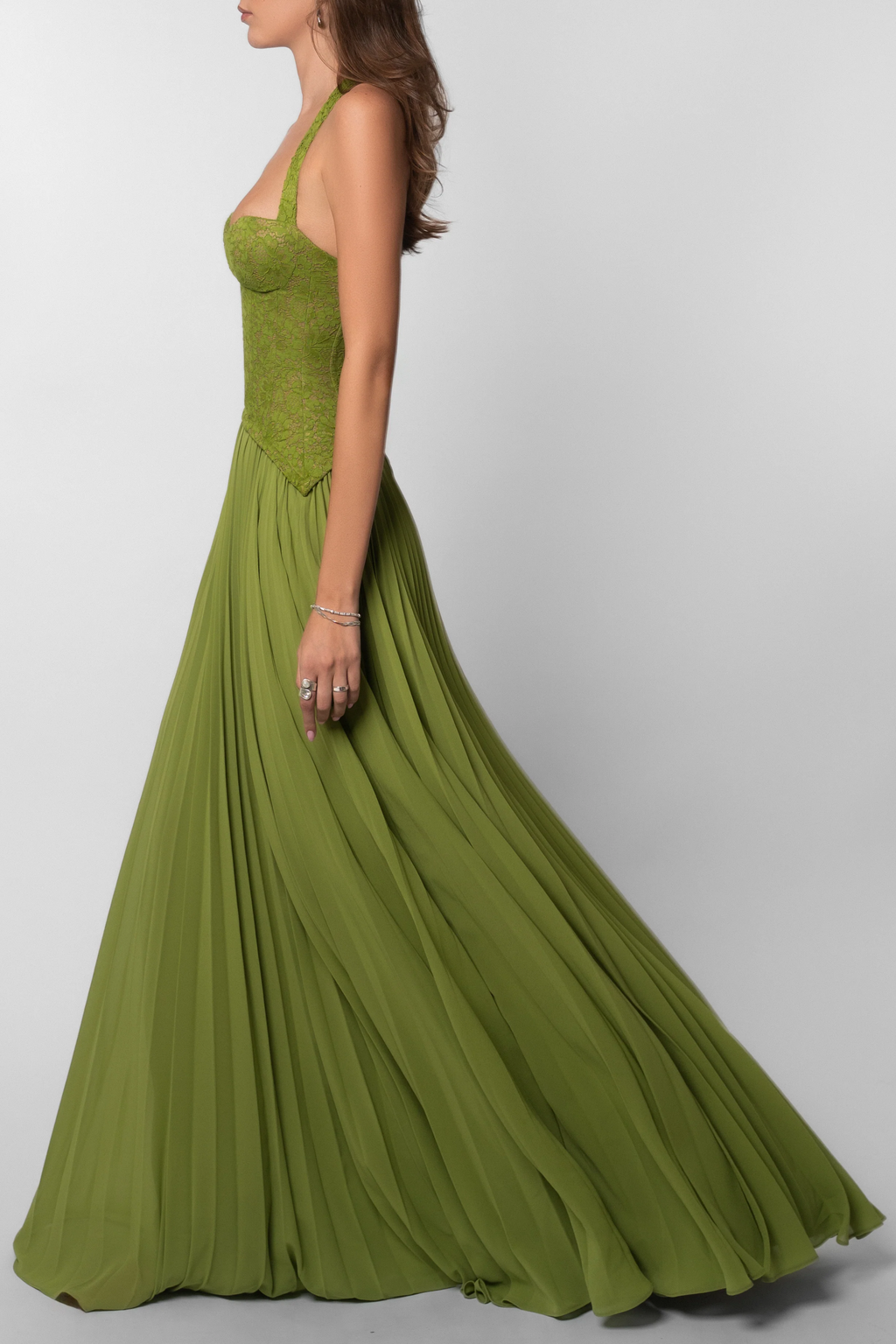Women's Long Wedding Dress Pleated Lace Halter Bodice Fluid Skirt Formal Elegant Gown – Kenley