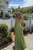 Women's Long Wedding Dress Pleated Lace Halter Bodice Fluid Skirt Formal Elegant Gown – Kenley