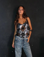 Women's Sleeveless Sequin Glitter Beaded Tank Top V-Neck Spaghetti Strap Party Festival Night Out Top – Klara Black Gold