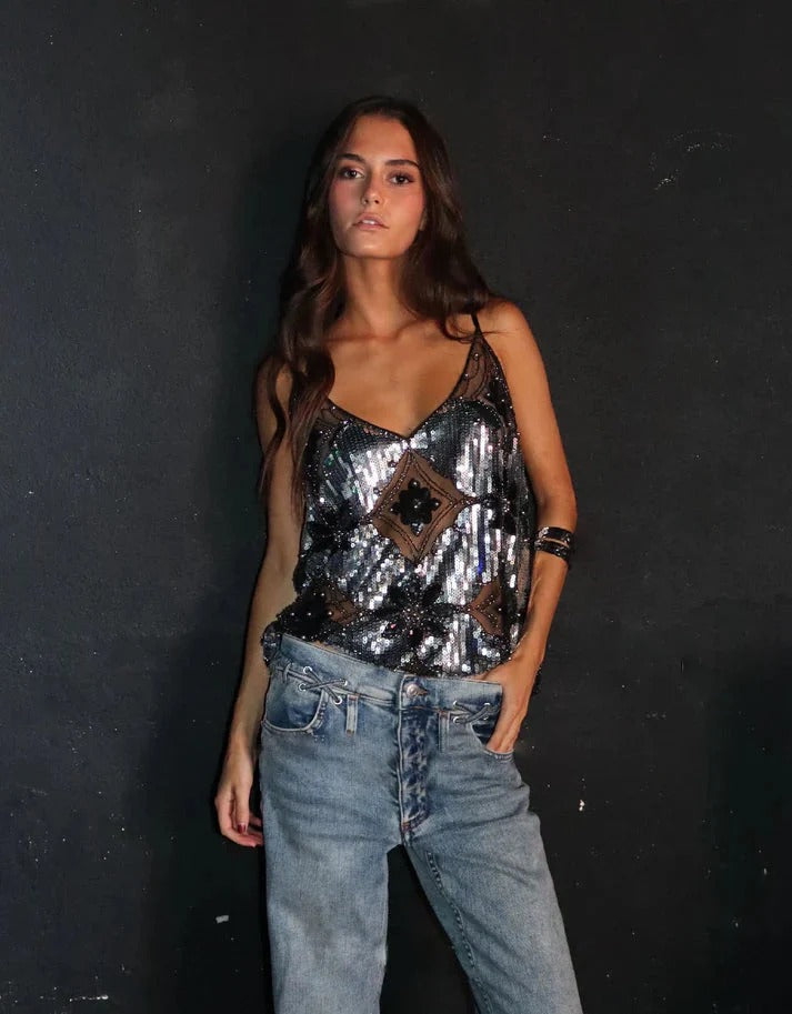 Women's Sleeveless Sequin Glitter Beaded Tank Top V-Neck Spaghetti Strap Party Festival Night Out Top – Klara Black Gold