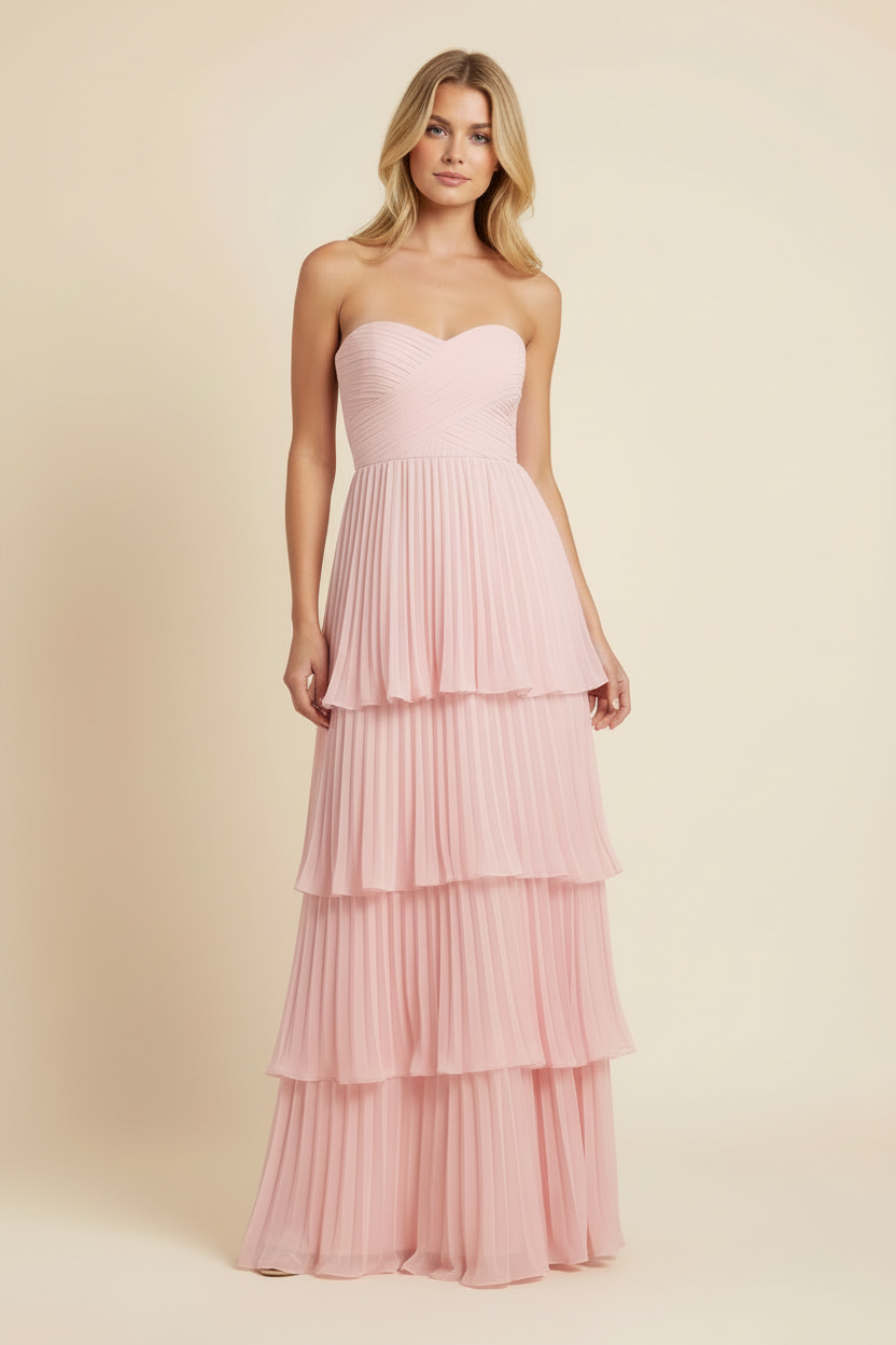 Women's Strapless Tiered Long Dress Formal Wedding Guest Garden Party Ceremony Gala Evening – Odessa Blush Pink