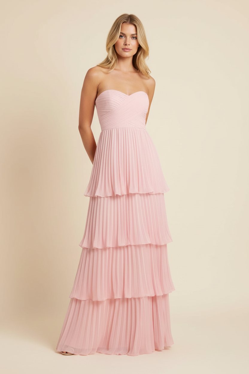Women's Strapless Tiered Long Dress Formal Wedding Guest Garden Party Ceremony Gala Evening – Odessa Blush Pink