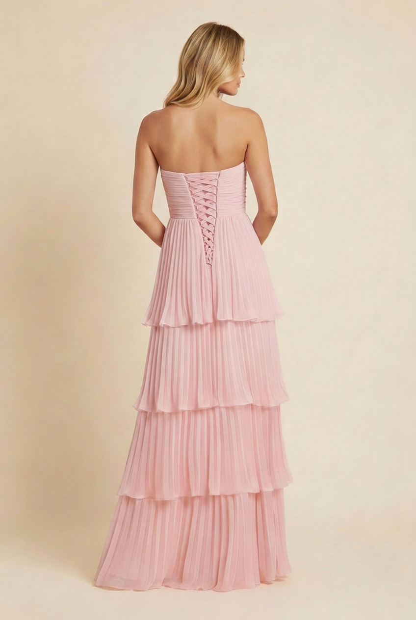 Women's Strapless Tiered Long Dress Formal Wedding Guest Garden Party Ceremony Gala Evening – Odessa Blush Pink