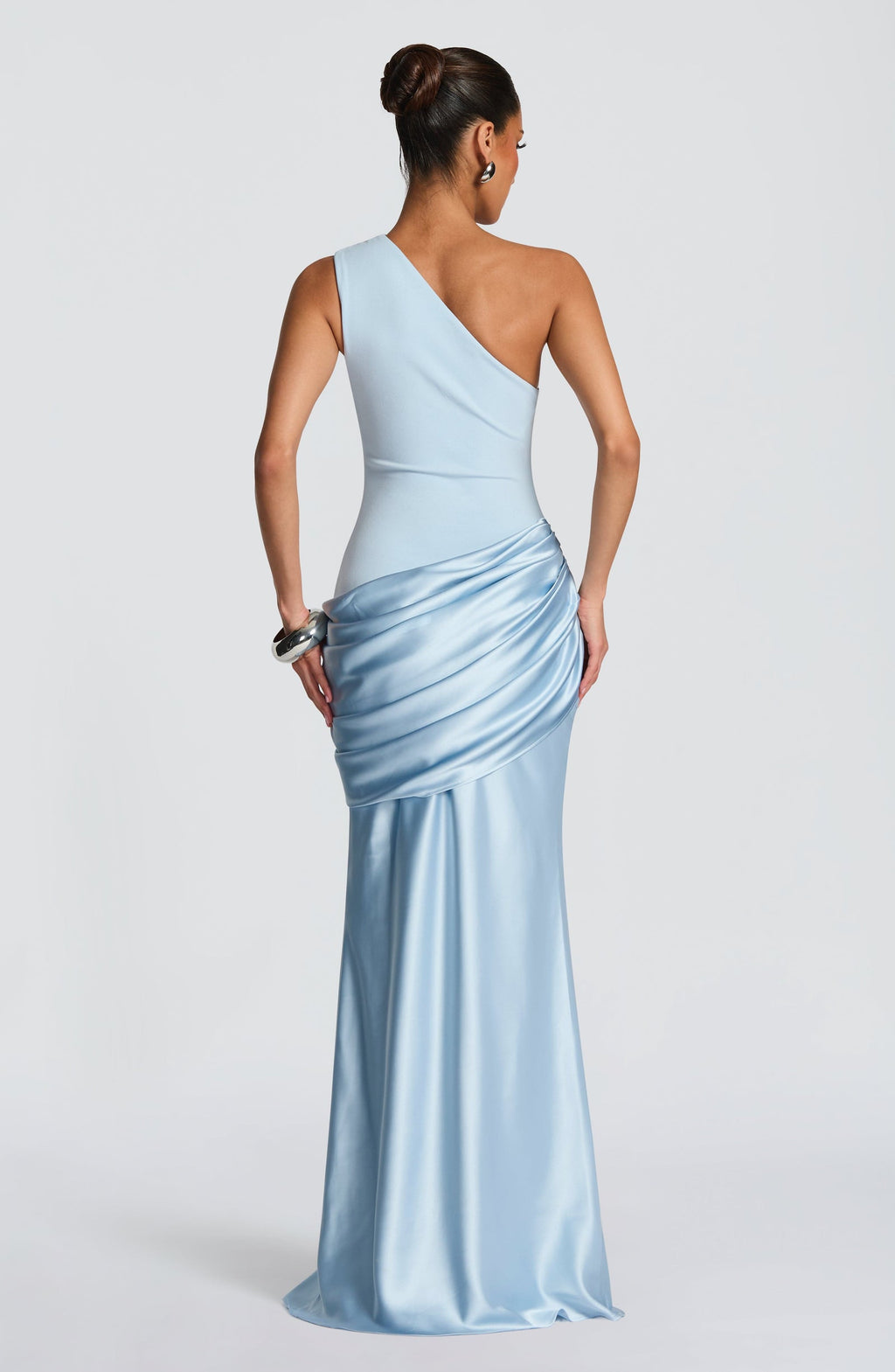 Women's Elegant One-Shoulder Satin Long Dress Crepe Bodice Draped Wedding Guest Formal Party Dress – Ophelia Chocolate