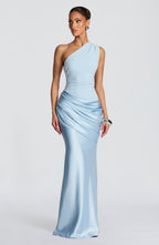 Women's Elegant One-Shoulder Satin Long Dress Crepe Bodice Draped Wedding Guest Formal Party Dress – Ophelia Chocolate