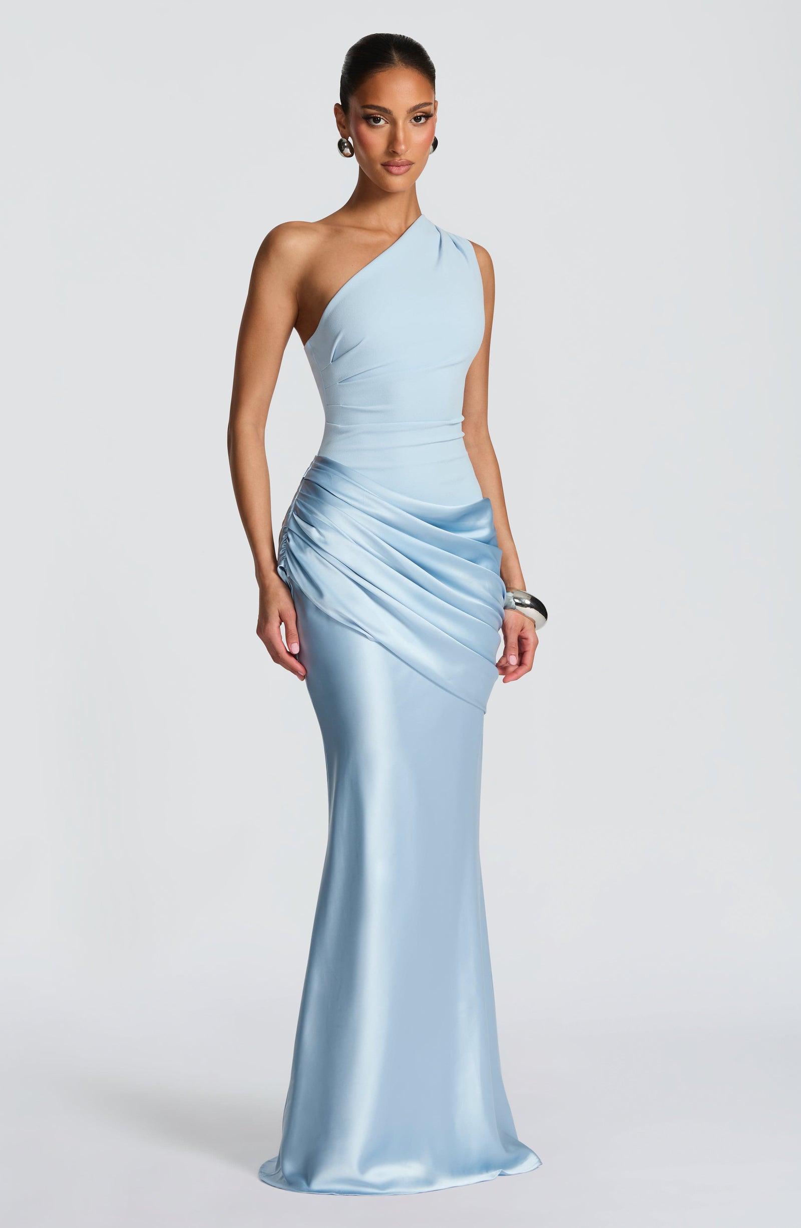 Women's Elegant One-Shoulder Satin Long Dress Crepe Bodice Draped Wedding Guest Formal Party Dress – Ophelia Chocolate