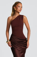 Women's Elegant One-Shoulder Satin Long Dress Crepe Bodice Draped Wedding Guest Formal Party Dress – Ophelia Chocolate