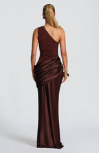 Women's Elegant One-Shoulder Satin Long Dress Crepe Bodice Draped Wedding Guest Formal Party Dress – Ophelia Chocolate