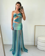 Women's Summer Party Dress Strapless Mesh Cutout Long Fluid A-Line Relaxed Elegant – Wren