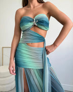 Women's Summer Party Dress Strapless Mesh Cutout Long Fluid A-Line Relaxed Elegant – Wren