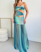Women's Summer Party Dress Strapless Mesh Cutout Long Fluid A-Line Relaxed Elegant – Wren