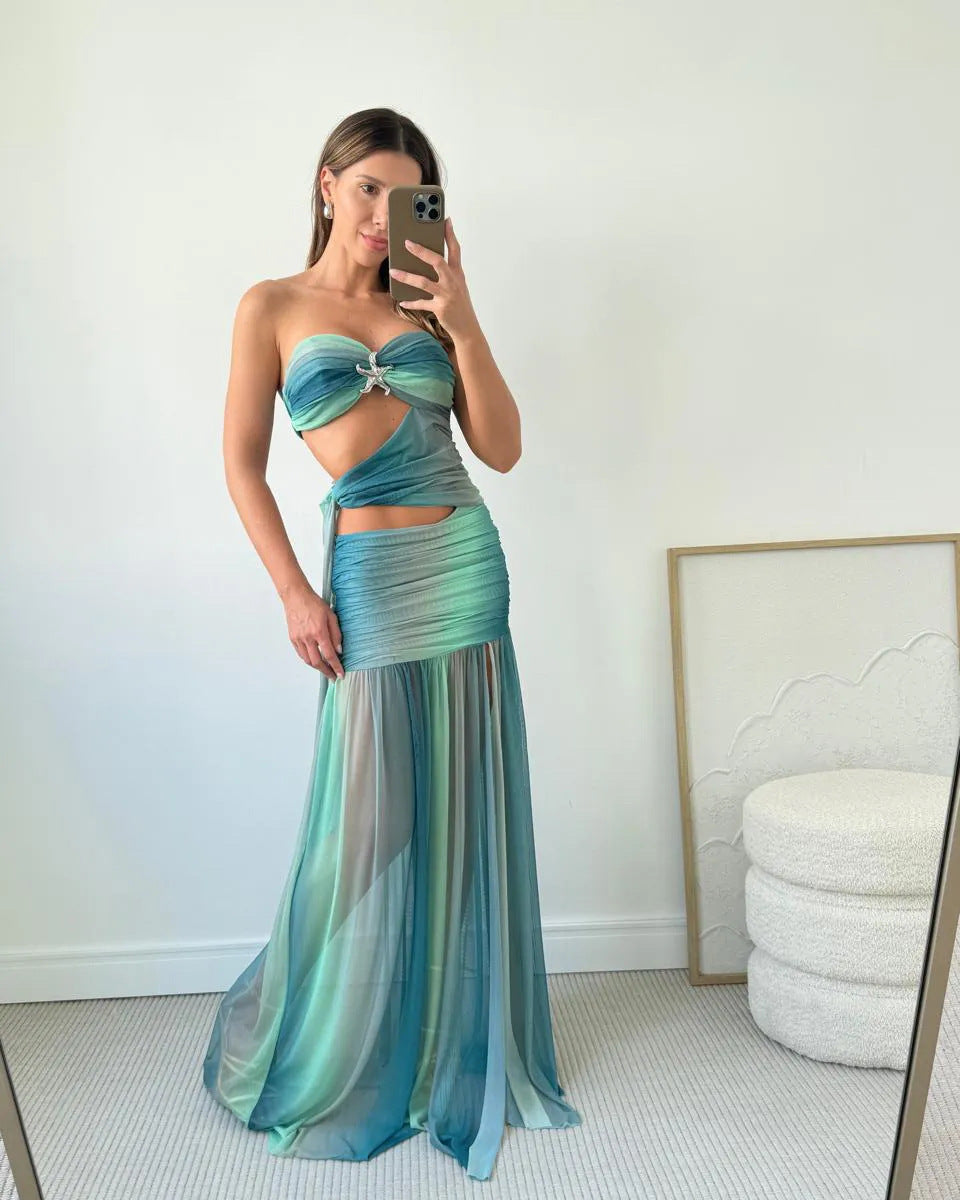 Women's Summer Party Dress Strapless Mesh Cutout Long Fluid A-Line Relaxed Elegant – Wren