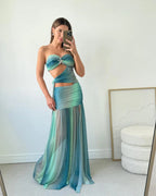Women's Summer Party Dress Strapless Mesh Cutout Long Fluid A-Line Relaxed Elegant – Wren