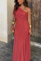 Women's Formal Wedding Guest Party Dress One-Shoulder Mesh Maxi Draped Bodice Romantic – Brittany