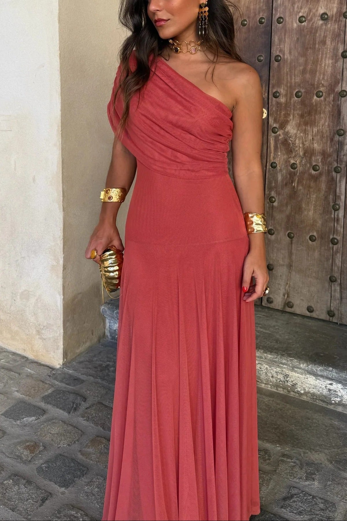 Women's Formal Wedding Guest Party Dress One-Shoulder Mesh Maxi Draped Bodice Romantic – Brittany