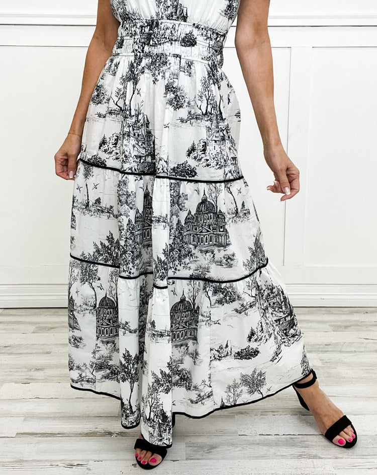 Women's Toile Midi Dress Smocked Waist Tiered Skirt Floral Spring Garden Casual Summer Elegant – Camille