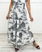 Women's Toile Midi Dress Smocked Waist Tiered Skirt Floral Spring Garden Casual Summer Elegant – Camille
