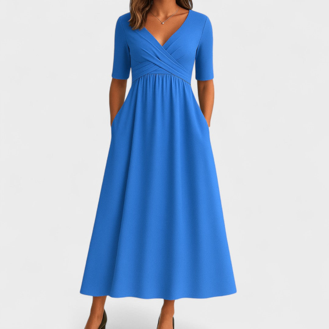 Women's V-Neck Short Sleeve Jersey Midi Dress Wedding Guest Formal Elegant Casual Wrap – Jessica