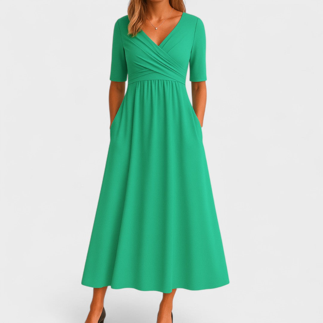 Women's V-Neck Short Sleeve Jersey Midi Dress Wedding Guest Formal Elegant Casual Wrap – Jessica