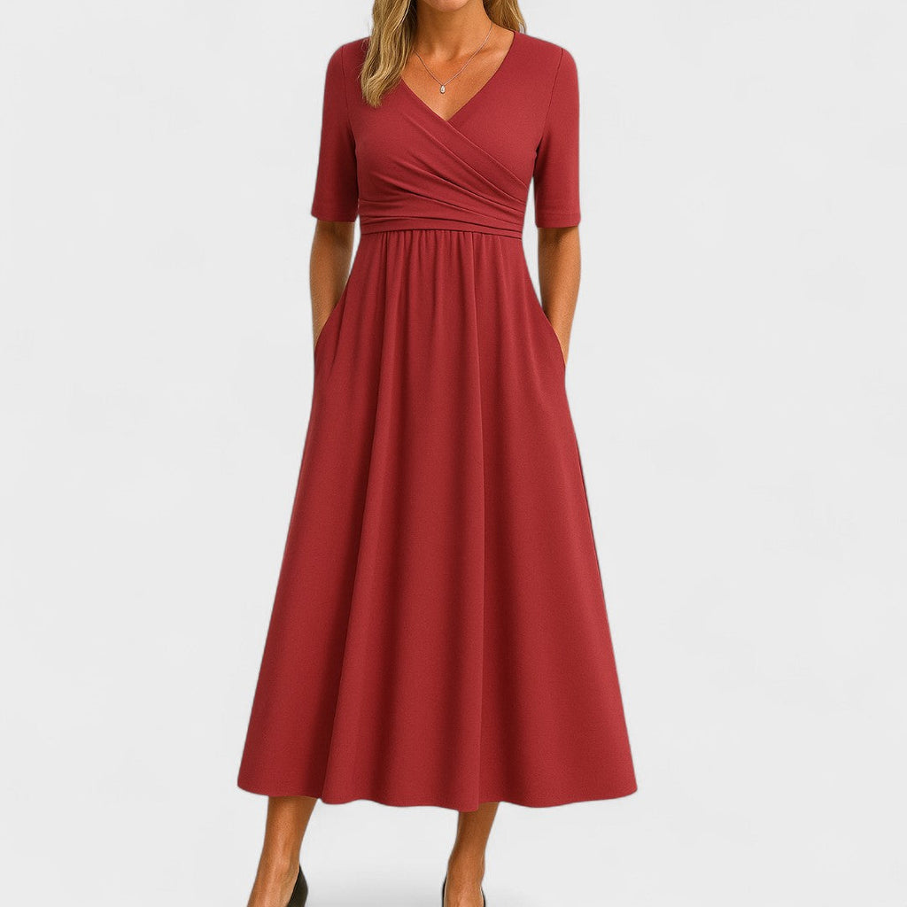 Women's V-Neck Short Sleeve Jersey Midi Dress Wedding Guest Formal Elegant Casual Wrap – Jessica