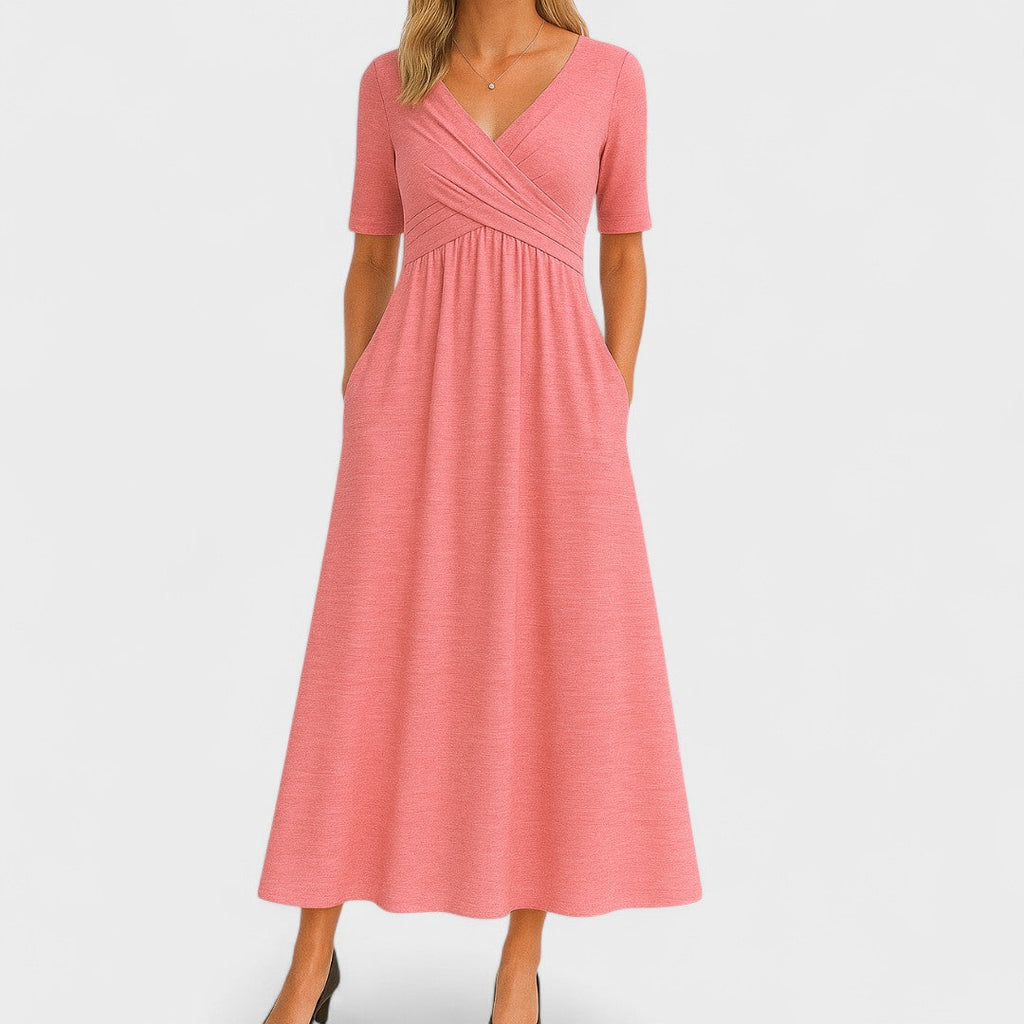 Women's V-Neck Short Sleeve Jersey Midi Dress Wedding Guest Formal Elegant Casual Wrap – Jessica