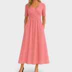 Women's V-Neck Short Sleeve Jersey Midi Dress Wedding Guest Formal Elegant Casual Wrap – Jessica