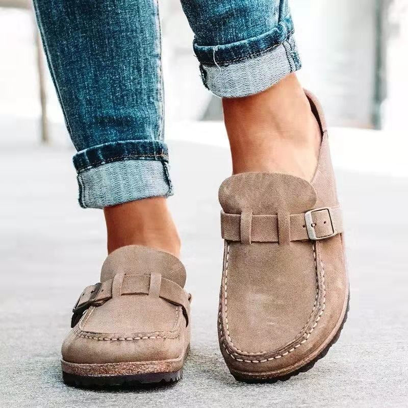 Women's Retro Suede Buckle Clog Mules Slip-On Flat Arch Support Casual Everyday Shoes – Marley