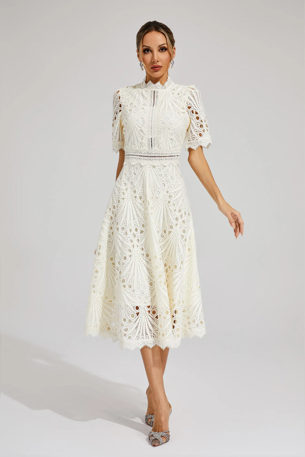 Women's Short Sleeve Lace Midi Dress Wedding Guest Summer Formal Elegant Scoop Neckline