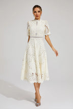 Women's Short Sleeve Lace Midi Dress Wedding Guest Summer Formal Elegant Scoop Neckline