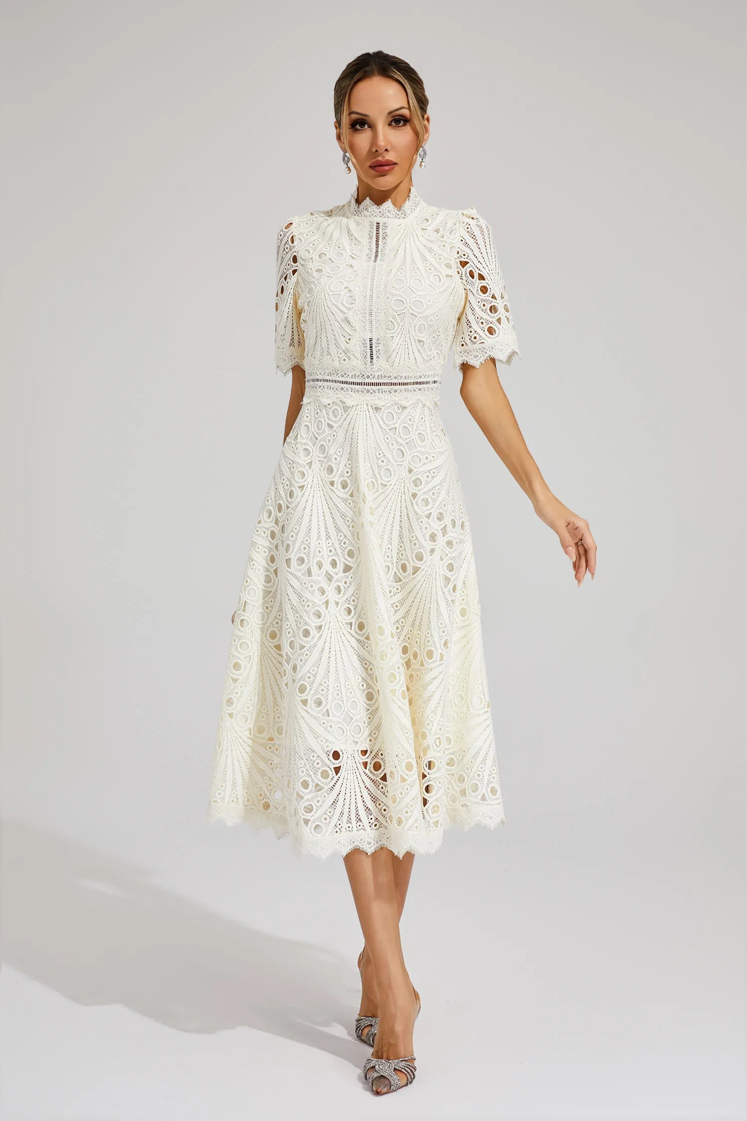 Women's Short Sleeve Lace Midi Dress Wedding Guest Summer Formal Elegant Scoop Neckline