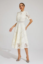 Women's Short Sleeve Lace Midi Dress Wedding Guest Summer Formal Elegant Scoop Neckline