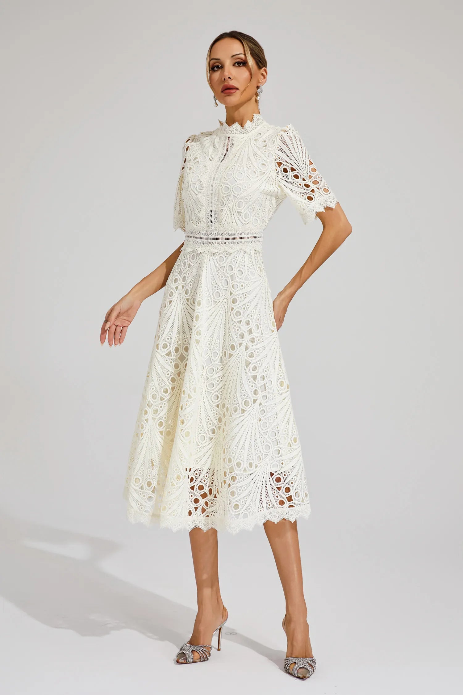 Women's Short Sleeve Lace Midi Dress Wedding Guest Summer Formal Elegant Scoop Neckline