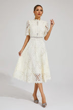 Women's Short Sleeve Lace Midi Dress Wedding Guest Summer Formal Elegant Scoop Neckline