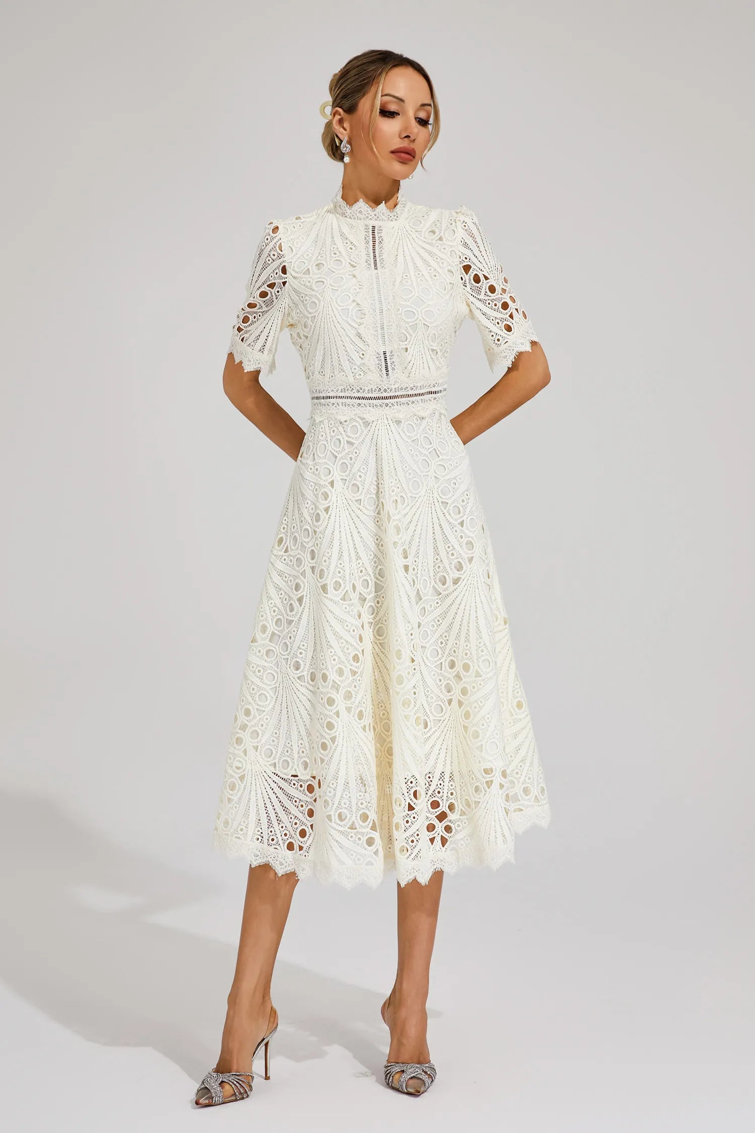 Women's Short Sleeve Lace Midi Dress Wedding Guest Summer Formal Elegant Scoop Neckline