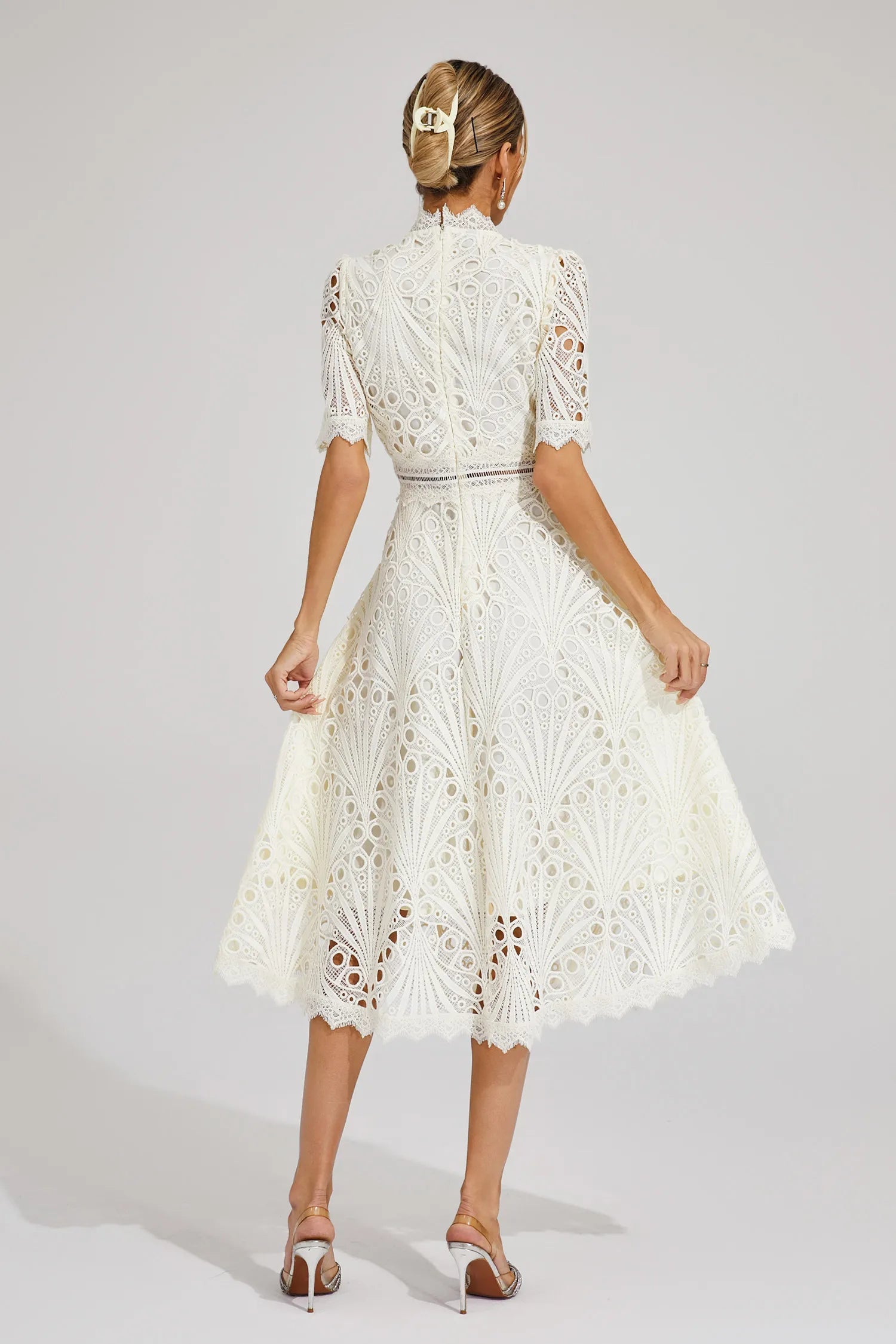 Women's Short Sleeve Lace Midi Dress Wedding Guest Summer Formal Elegant Scoop Neckline