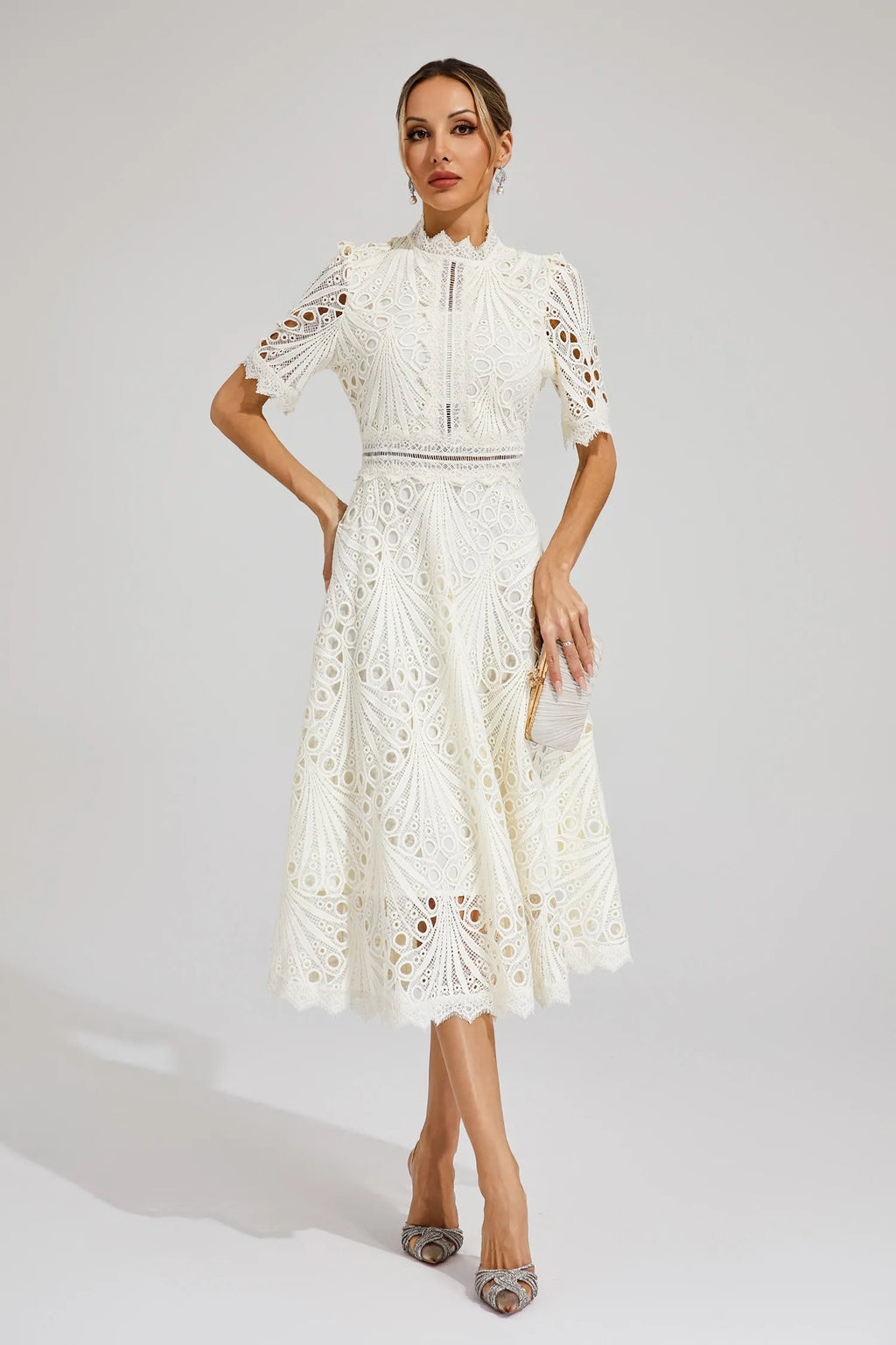 Women's Short Sleeve Lace Midi Dress Wedding Guest Summer Formal Elegant Scoop Neckline