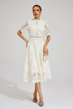 Women's Short Sleeve Lace Midi Dress Wedding Guest Summer Formal Elegant Scoop Neckline
